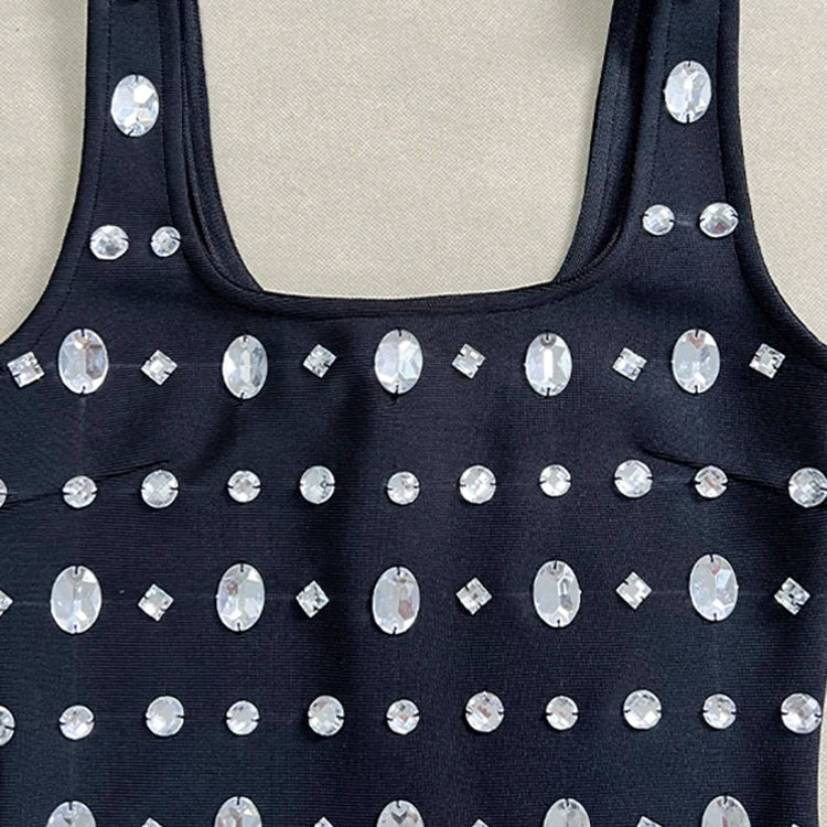 Women'S Black Sexy Sleeveless Square Neck Luxurious Crystal Bandage Maxi Long Dress Elegant Party Cocktail Evening Dress