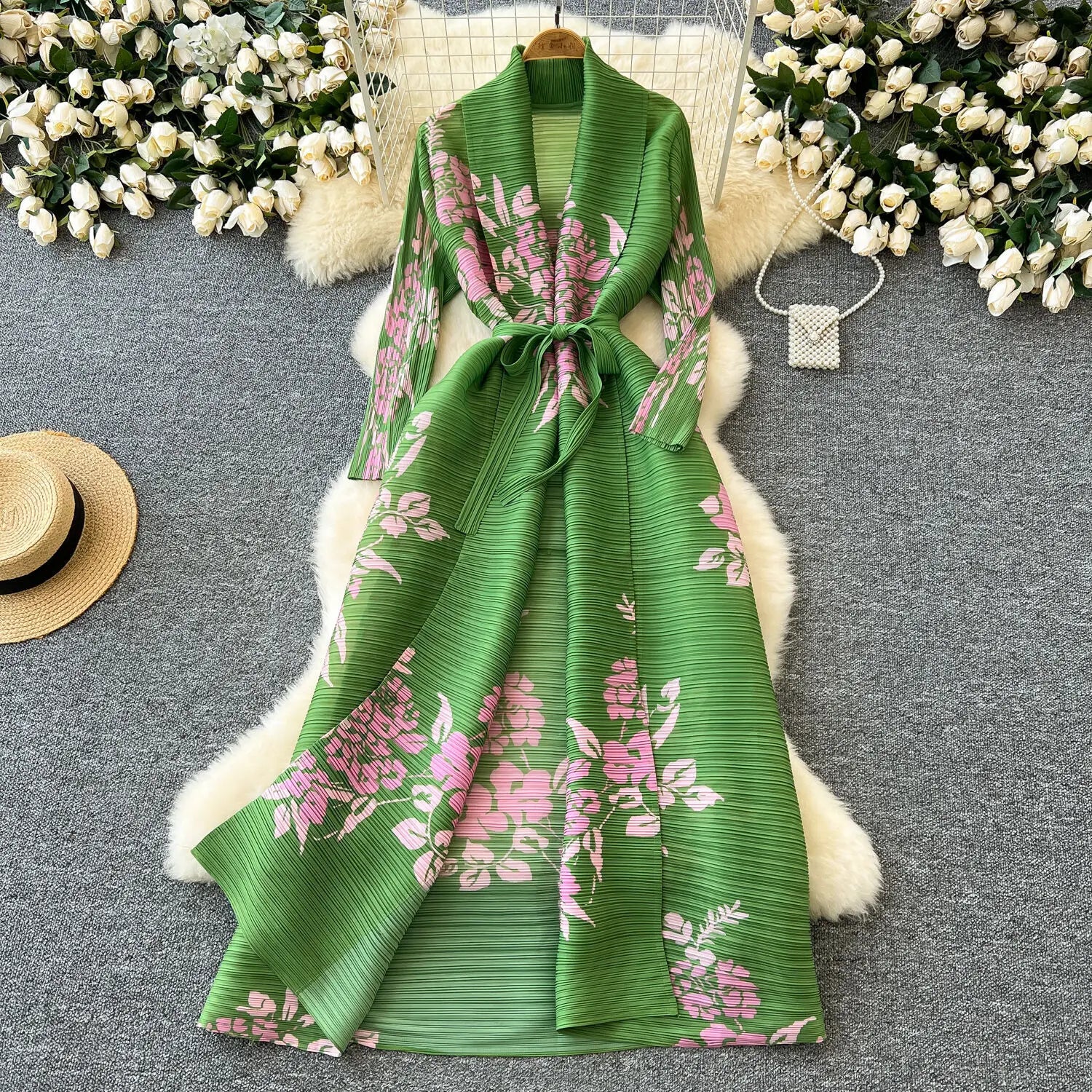 XFPV Elegant Style Long Sleeve Lapel Waist Cinching Strap Pleated Print Dress Vestidos For Women Y2k Korean Fashion Autumn 2024 Emerald Green One Size