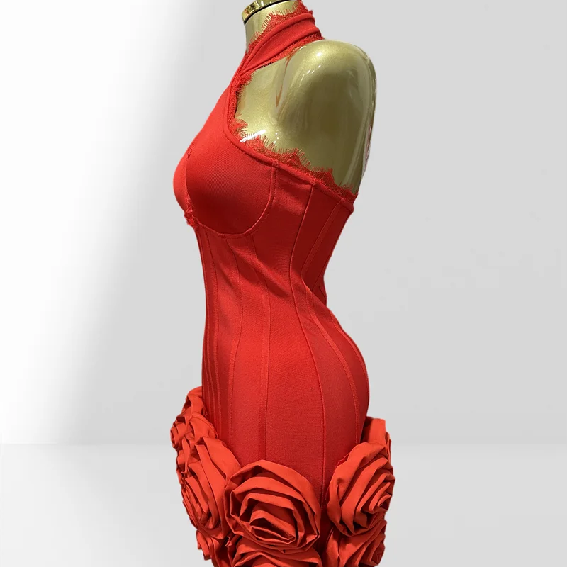 Stereoscopic Folwer Sexy Deep V-Neck Halter Sheath Red Bandage Mini Dress Sweet Woman Birthday Party Dress Music Festival Outfit