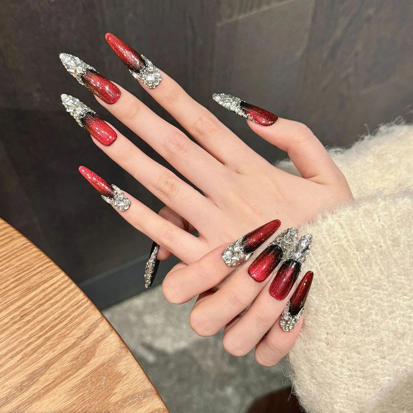 10pcs Wine-red Super Long Almond False Nails Handmade Full Shiny Diamond French Press On Nails Glossy Cat's Eye Luxury Fake Nail