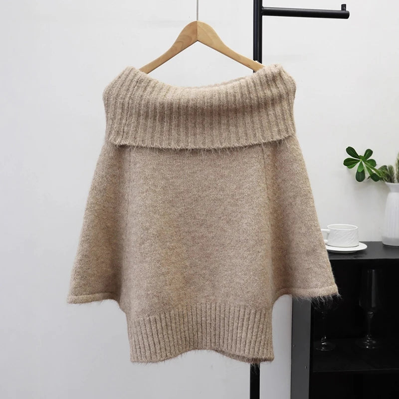Autumn Winter New Off-Shoulder Design Thickened Cable Knit Cape Sweater Lazy Style Pullover For Women 11A07620