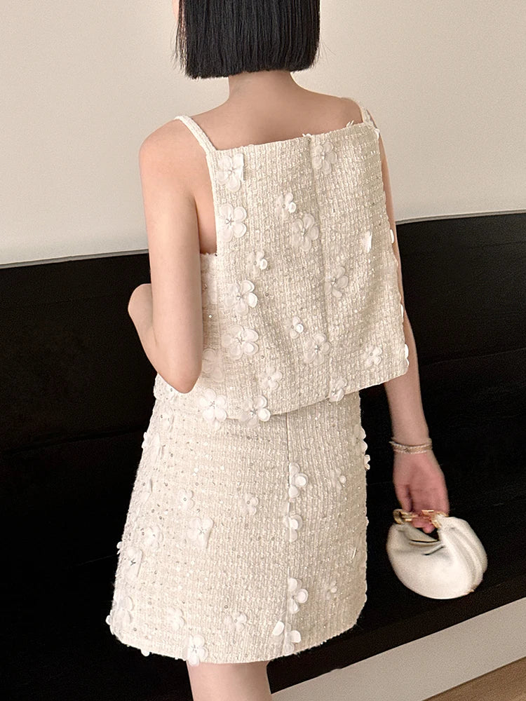 Patchwork Floral Two Piece Sets For Women Round Neck Sleeveless Vest High Waist Mini Skirt Casual Set Female 2023