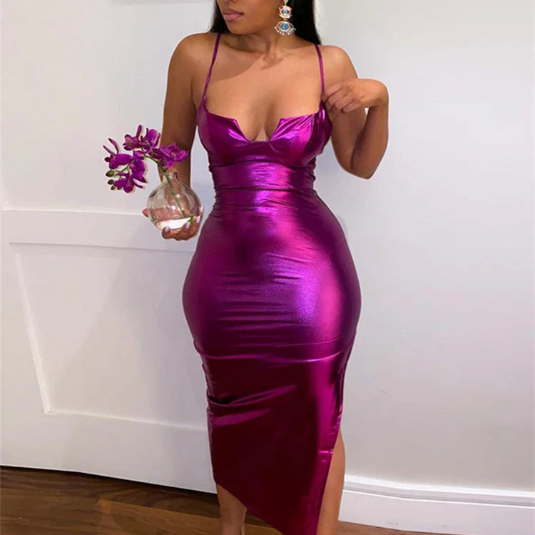 JuSaHy Midnight Club Purple Maxi Dress for Women Fashion Neon Y2K Sexy Backless Strap Skinny Slim Party Outfits Summer Trend