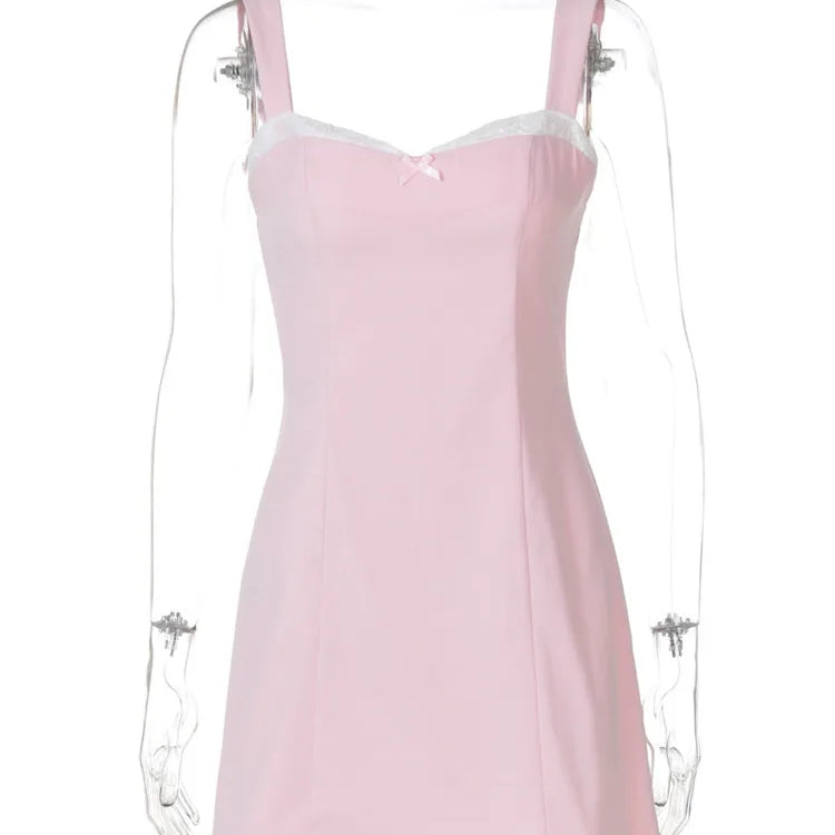 Patchwork Lace Sexy Mini Dress For Women Robe Pink Contrast Color Sleeveless Backless High Waist A-line Club Dress