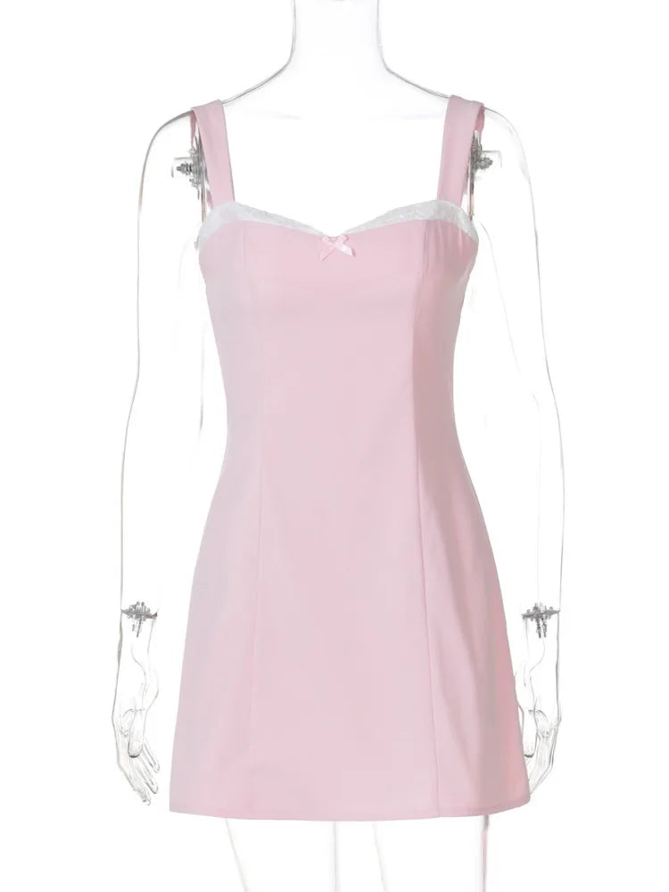 Patchwork Lace Sexy Mini Dress For Women Robe Pink Contrast Color Sleeveless Backless High Waist A-line Club Dress