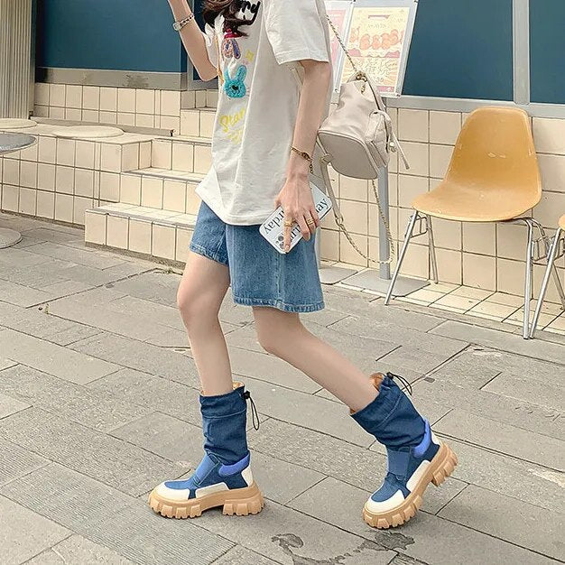 Women Cowboy Boots Platform Boots Women High Top Designer Women's Shoes Sports New Fall Winter 2024 Fashion Ankle Boots Jeans BLUE