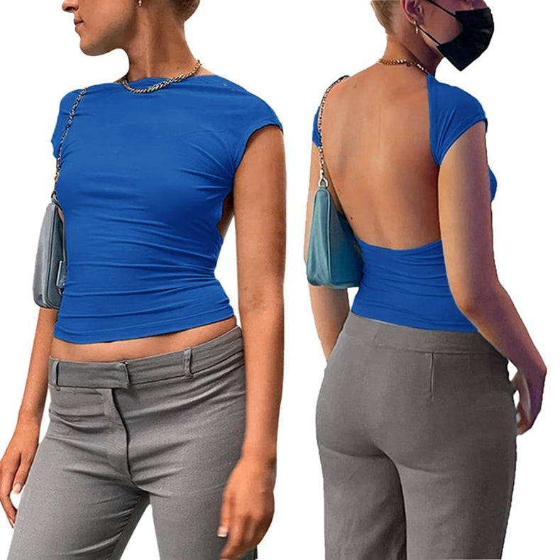 Y2K Sexy Backless Crop Top Women Casual 2024 Summer Short Sleeve O Neck T Shirts Streetwear Fit Slim Pullovers Base Tees T-Shirt deep blue