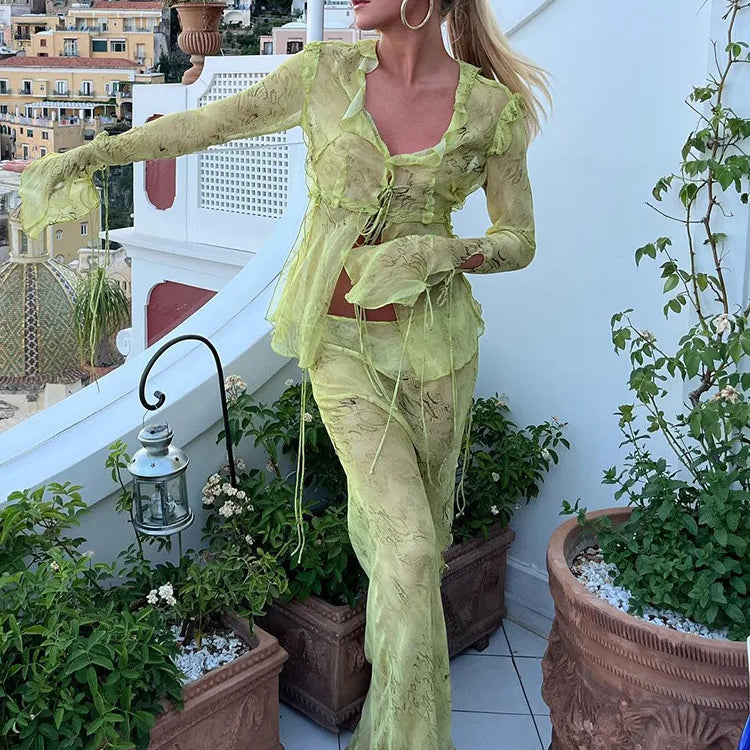 FSDA Print Y2K Mesh Long Sleeve Top Shirts Green And Maxi Skirt Bodycon Sexy Two Piece Sets Beach Outfits Women Club