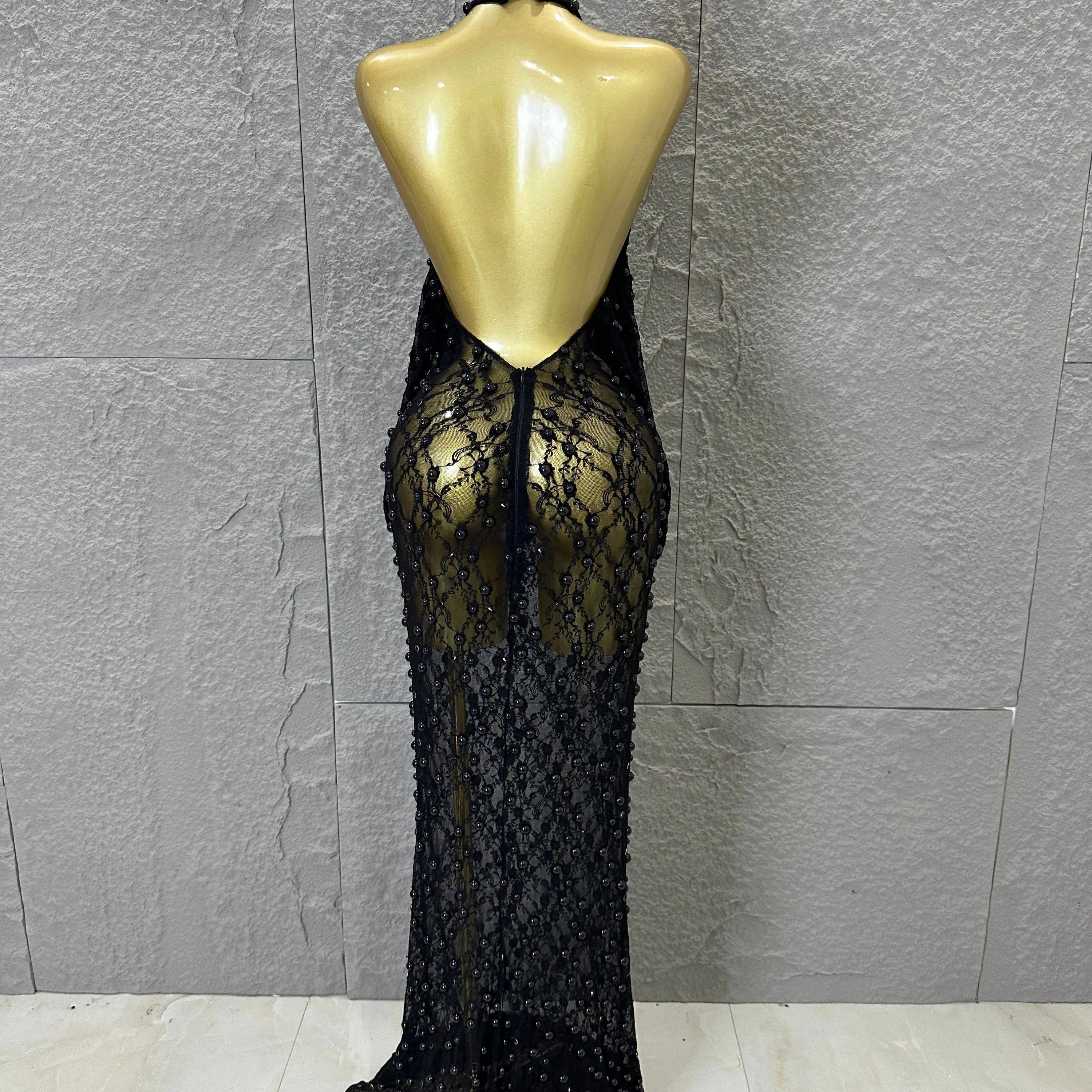 Black Opulent Halter Neck Maxi Sheer Mesh Beaded Lace Dress Form-Fitting Outfit Nightclub Party Evening Gala Costume