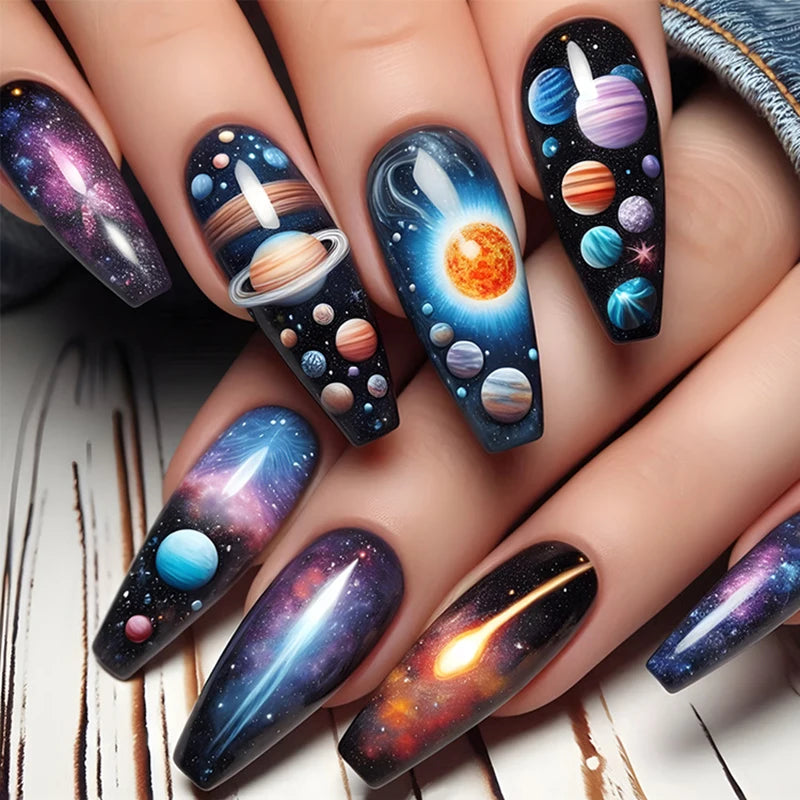 24pcs/set medium long fake nails for women starry star moon planet gradient glitter design almond ballet tip press on false nail 1927