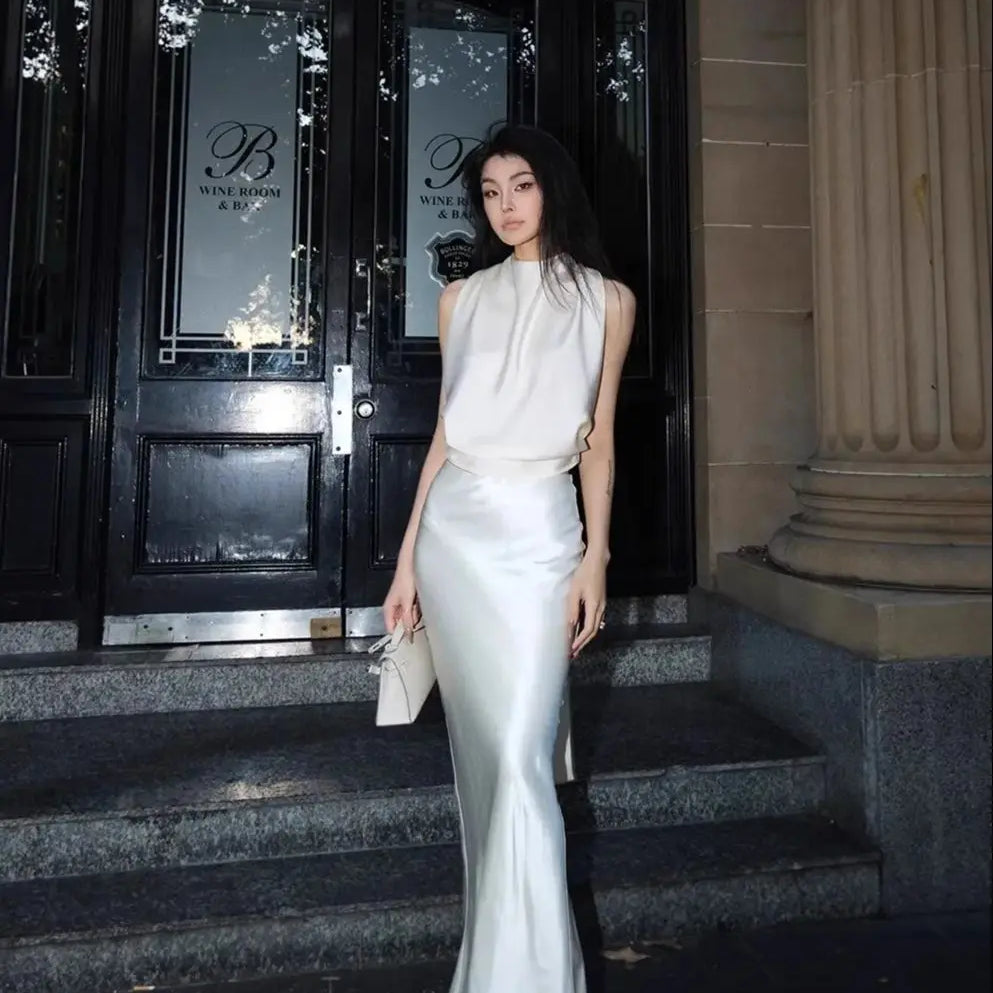 Lautaro Spring Autumn Soft Flowy Acetate Floor Length Trumpet Skirt Women Elegant Chic Luxury Designer High Quality Clothes 2025 Beige