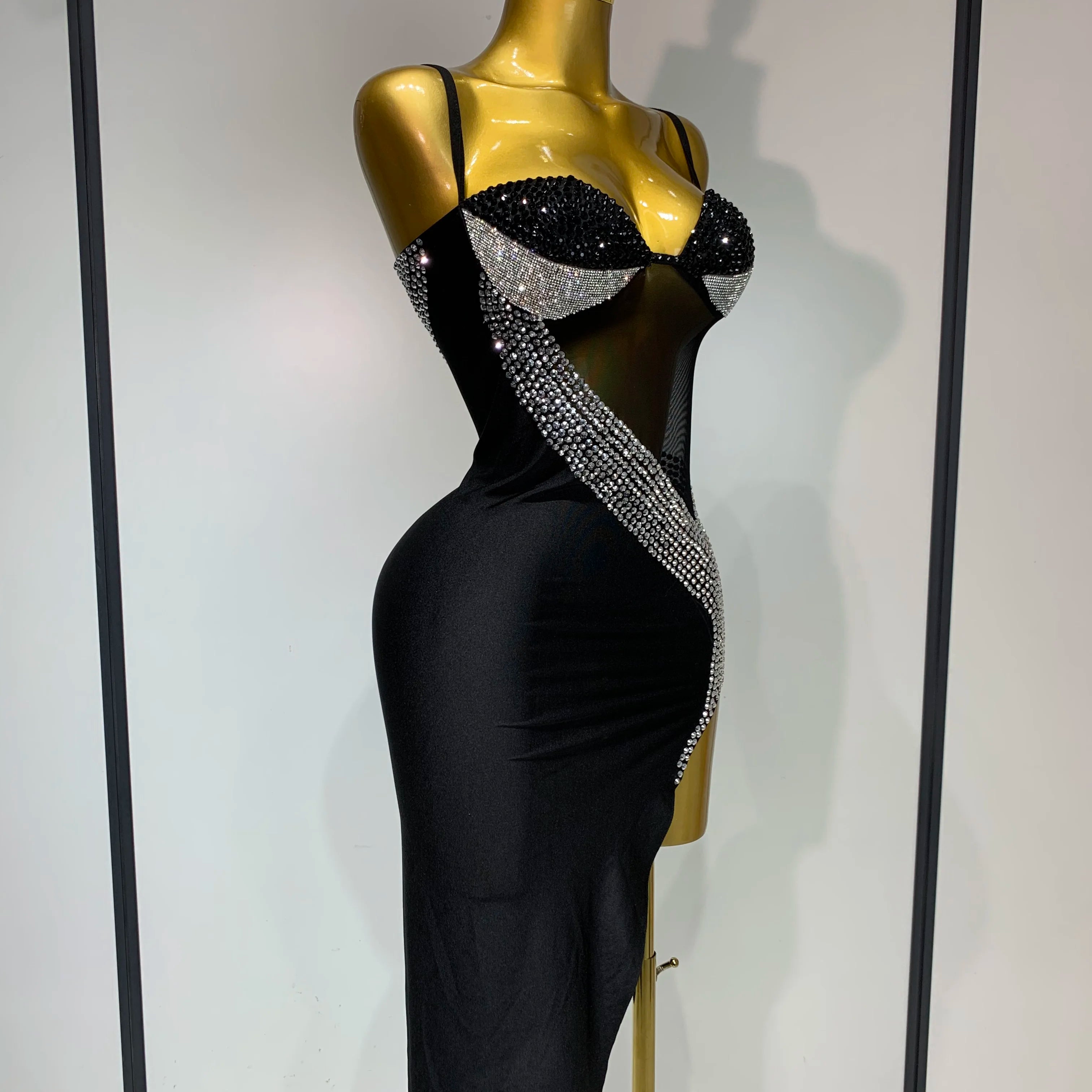 Sparkly Rhinestones Mesh Evening Party Dress Women Sexy Festival Celebrate Dj Nightclub Singer Stage Outfit Birthday Dress