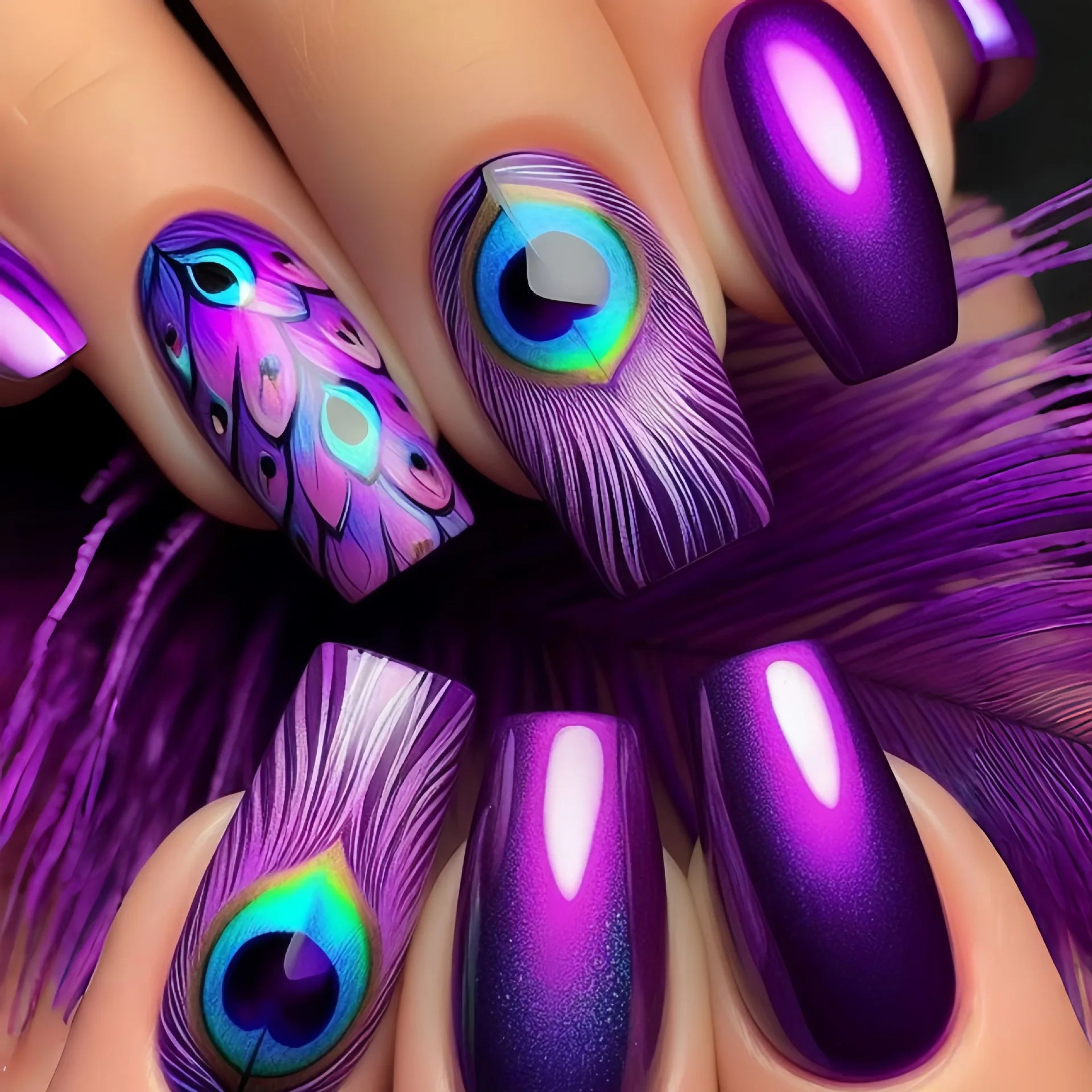 Short middle square ballet fake nails sparkling plant flowers maple leaves gradient Peacock feathers press on false nails set 1677