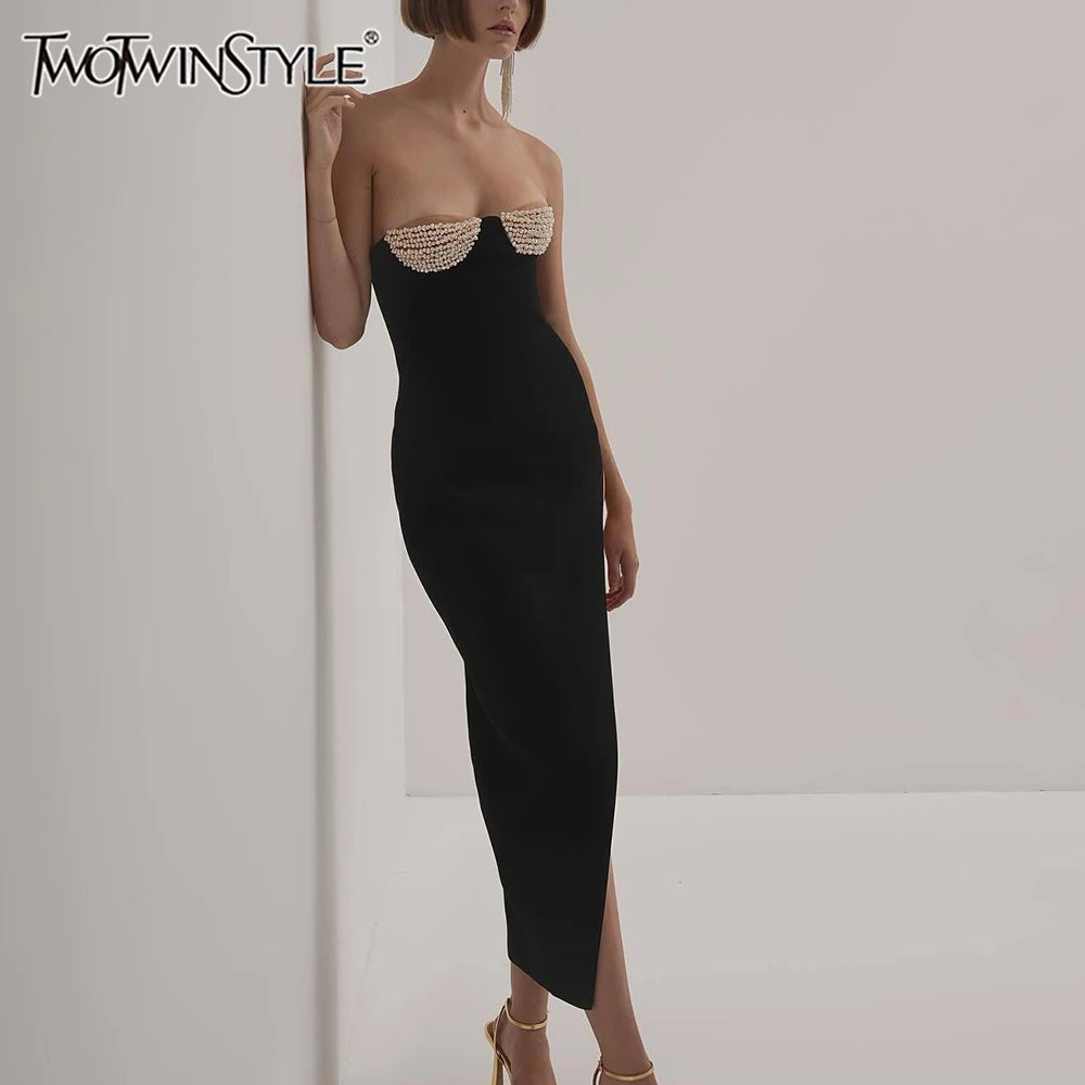 Patchwork Pearls Asymmetrical Dress For Women Strapless Sleeveless High Waist Split Sexy Dresses Female Fashion New