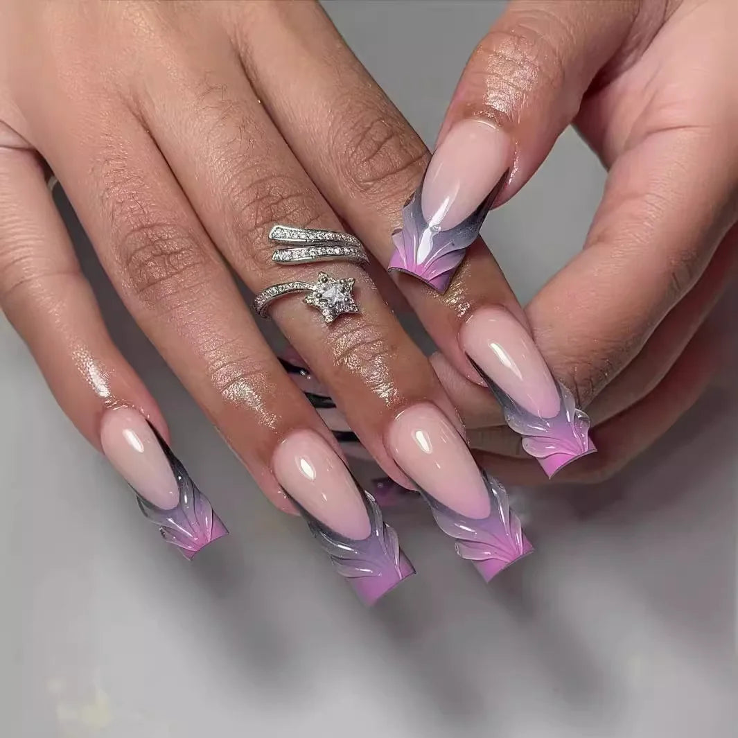 24Pcs Wearable False Nails with Rhinestone Long Square Press on Nails French Pink Flower 3D Bow Design Fake Nail Manicure Tips 117