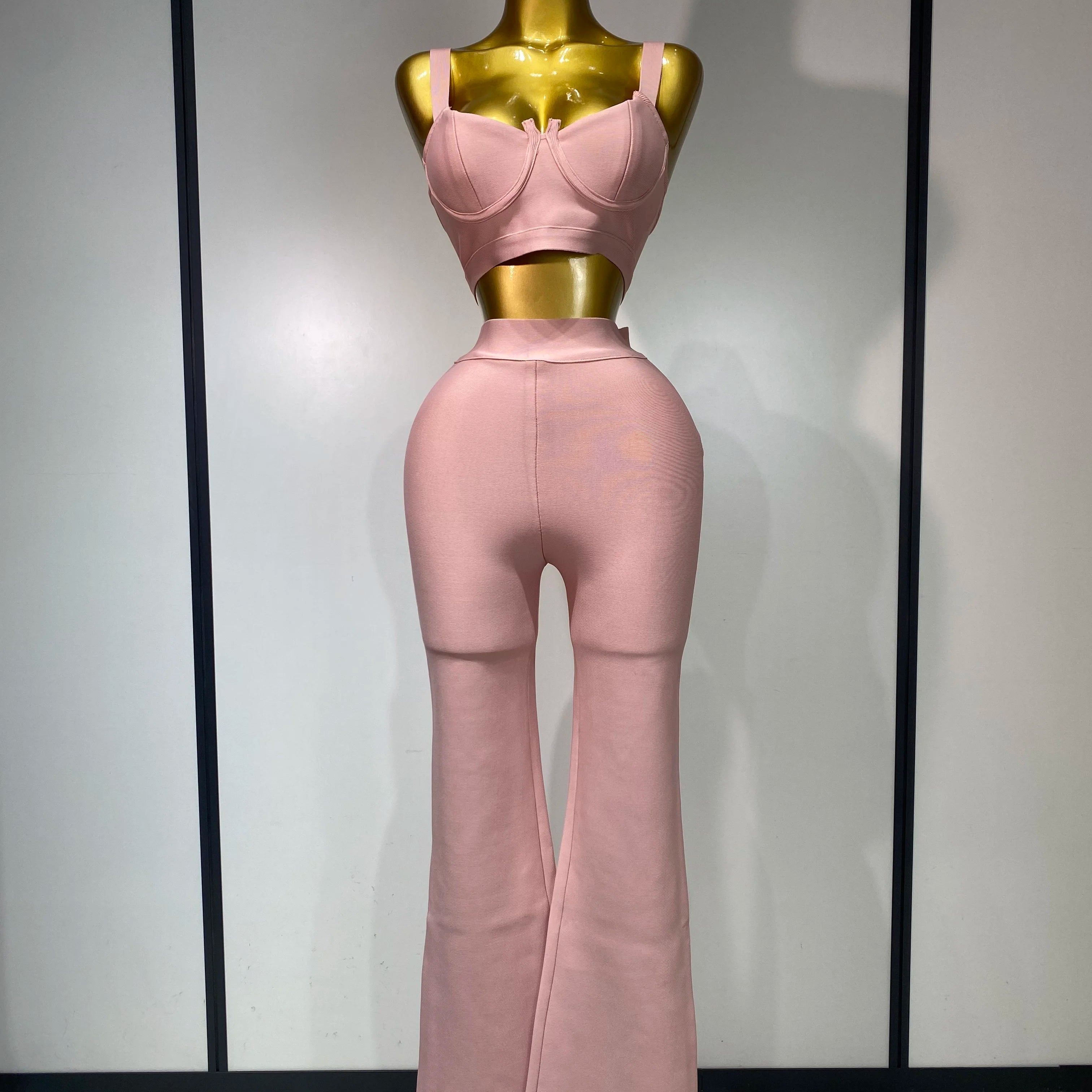 Women Sexy Bandage Crop Top Pant Set Evening Party Club Luxury Birthday High Street Fashion Elegant Luxury Birthday Outfit ﻿ Pink