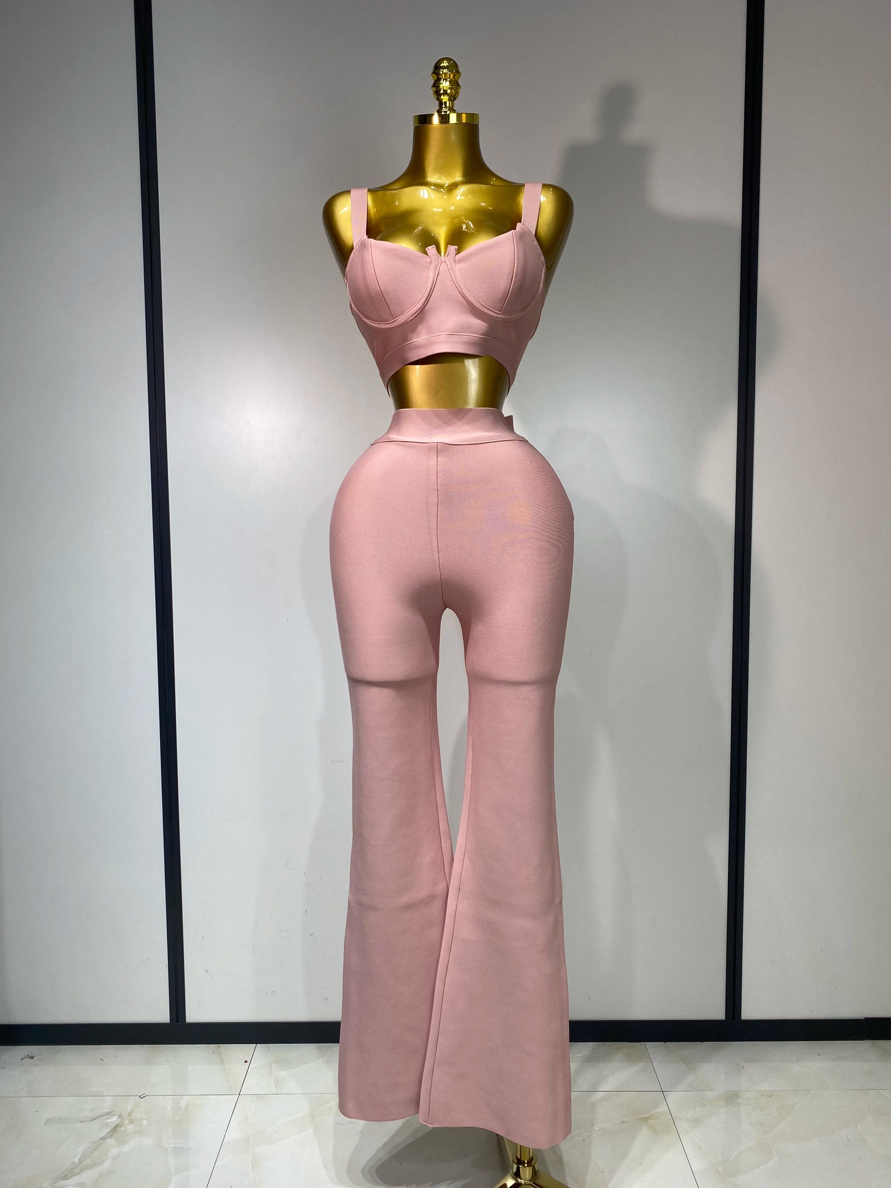 Women Sexy Bandage Crop Top Pant Set Evening Party Club Luxury Birthday High Street Fashion Elegant Luxury Birthday Outfit ﻿ Pink