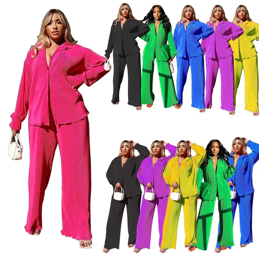 Pleated Solid Women Set Long Sleeve Shirts and Straight Wide Leg Pants Suits Tracksuit Two Piece Set Fitness Outfits
