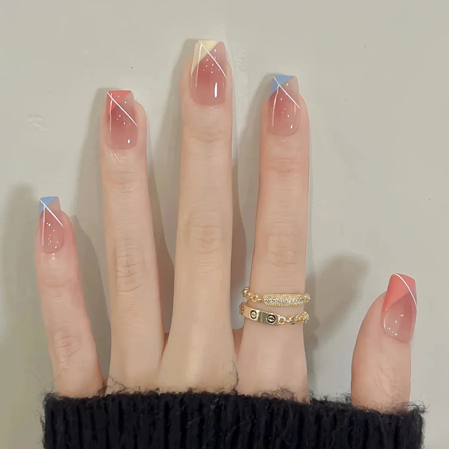 24pcs/set short Medium square fake nails for women gradient nude pink flowers french almond summer tips press on false nail art 2174