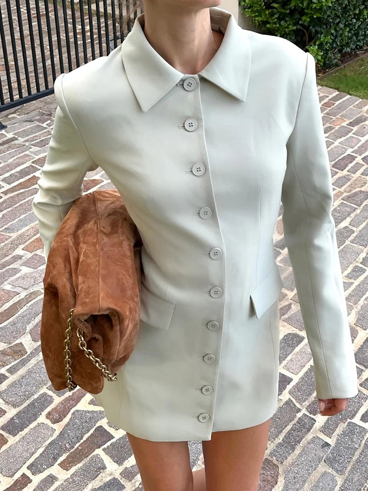 Long Sleeve Lapel Sexy Mini Dress For Women Solid Single-breasted Two Pocket High Waist Office Lady Blazer Dress