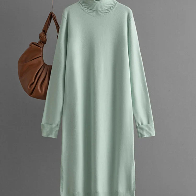 Streamgirl Autumn Turtleneck Slit Dresses For Women Winter Solid Casual Straight Basic Knitted Sweaters Dress Women Elegant Light Green One Size