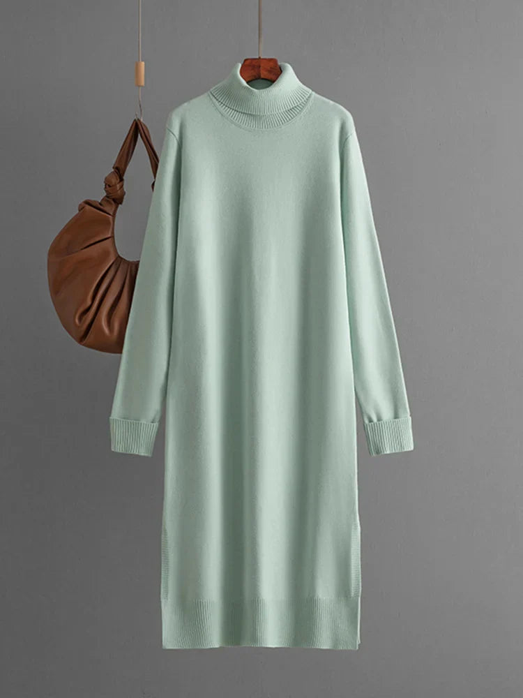 Streamgirl Autumn Turtleneck Slit Dresses For Women Winter Solid Casual Straight Basic Knitted Sweaters Dress Women Elegant Light Green One Size
