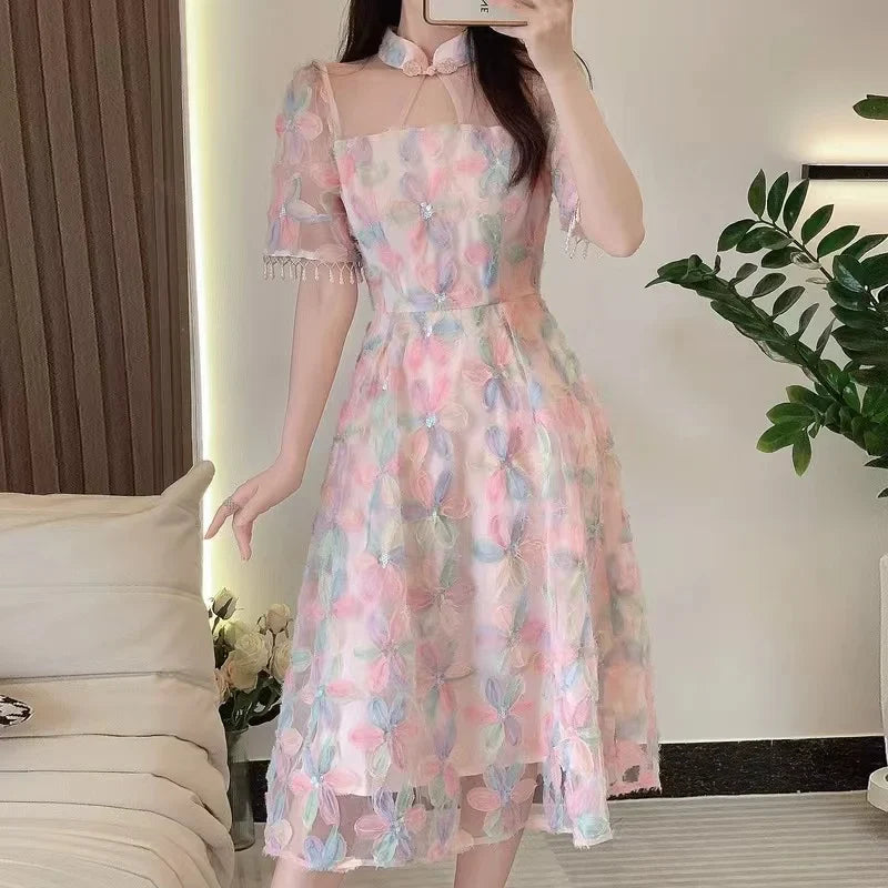 Elegant Sweet Spring Pink Mesh Party Long Dress Women Ruffled Collar Embroidery Flowers Beaded Tassel Short Sleeve Party Clothes Pink