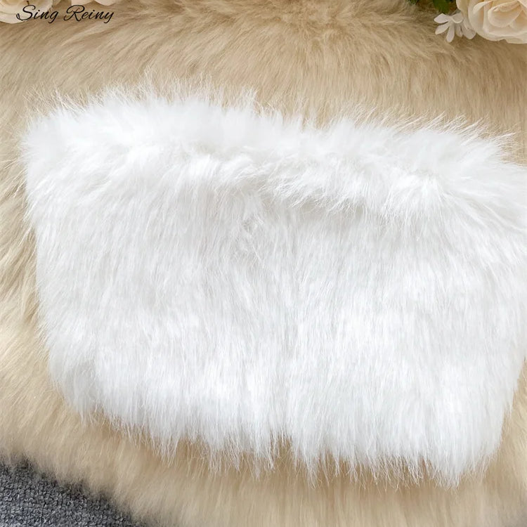 SINGREINY American Hotsweet Sexy Two Pieces Sets Women Strapless Short Tank Top+Bodycon Mini Skirt Fashion Solid Feather Suits