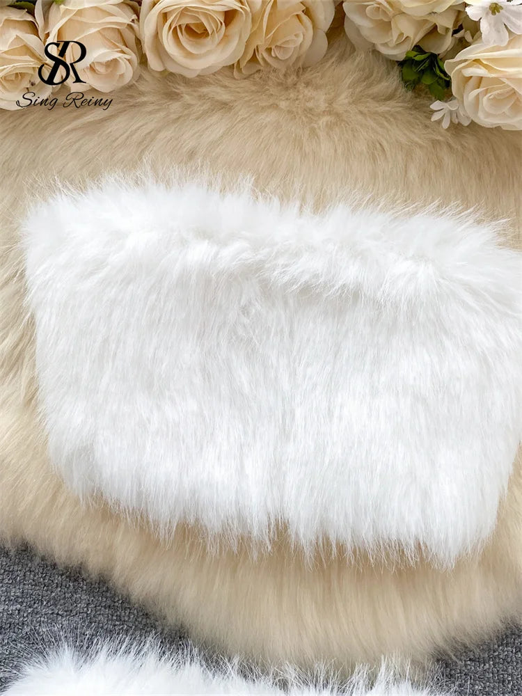 SINGREINY American Hotsweet Sexy Two Pieces Sets Women Strapless Short Tank Top+Bodycon Mini Skirt Fashion Solid Feather Suits