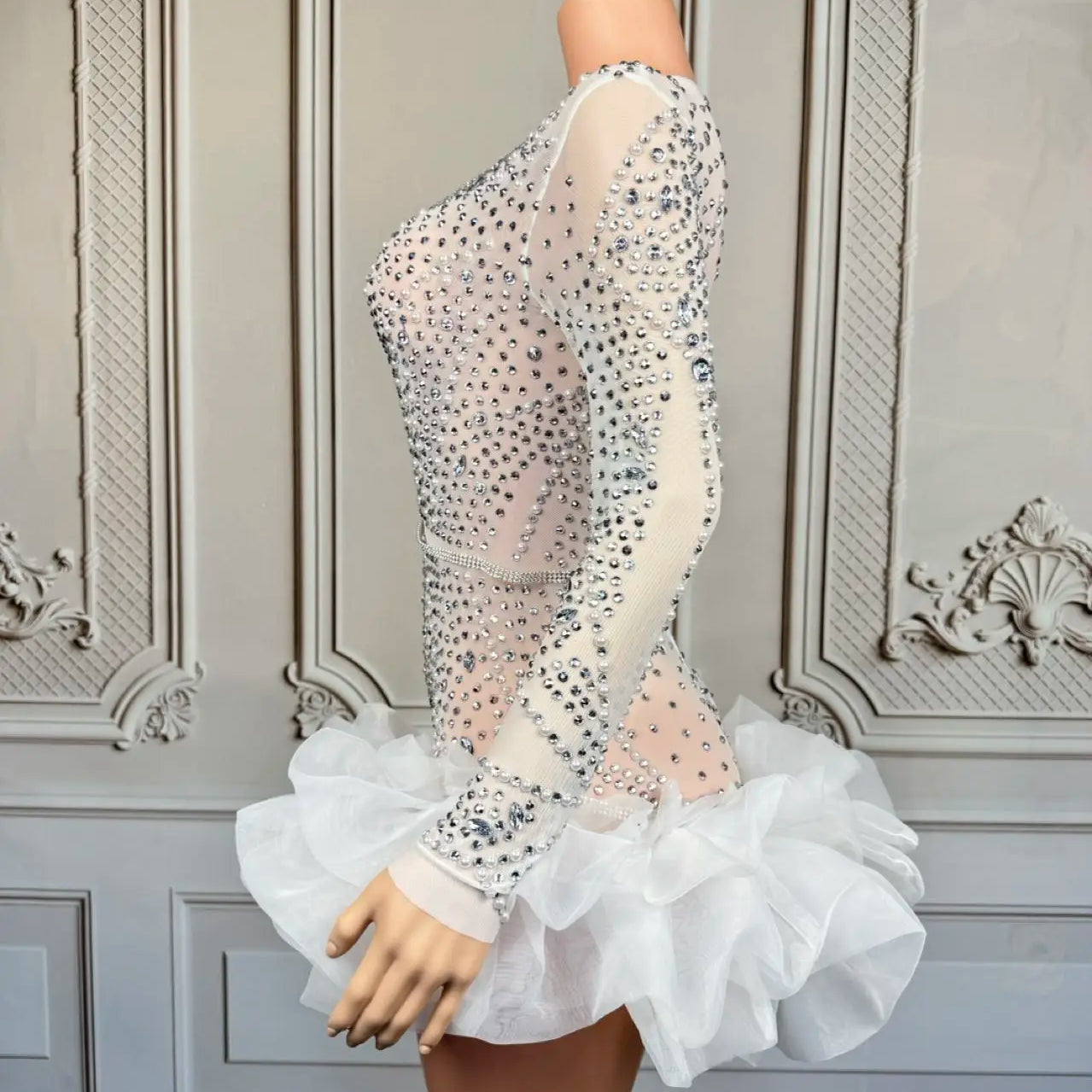 Sparkly Rhinestone White Pearls High-end Short Dress Sexy Women Deep V Neck tutu Mini Dress Nightclub Party Dress-up Outfit Babi