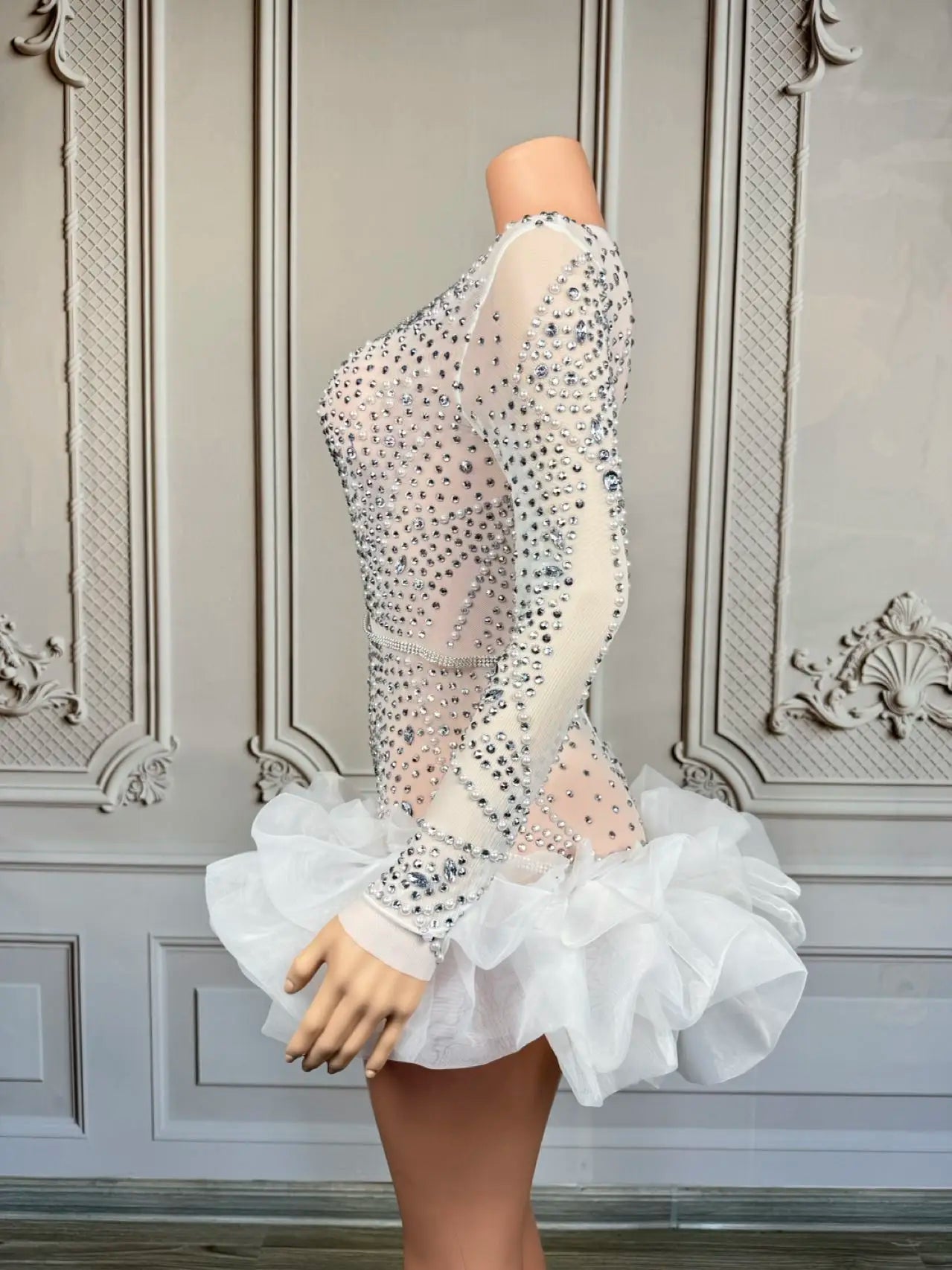 Sparkly Rhinestone White Pearls High-end Short Dress Sexy Women Deep V Neck tutu Mini Dress Nightclub Party Dress-up Outfit Babi