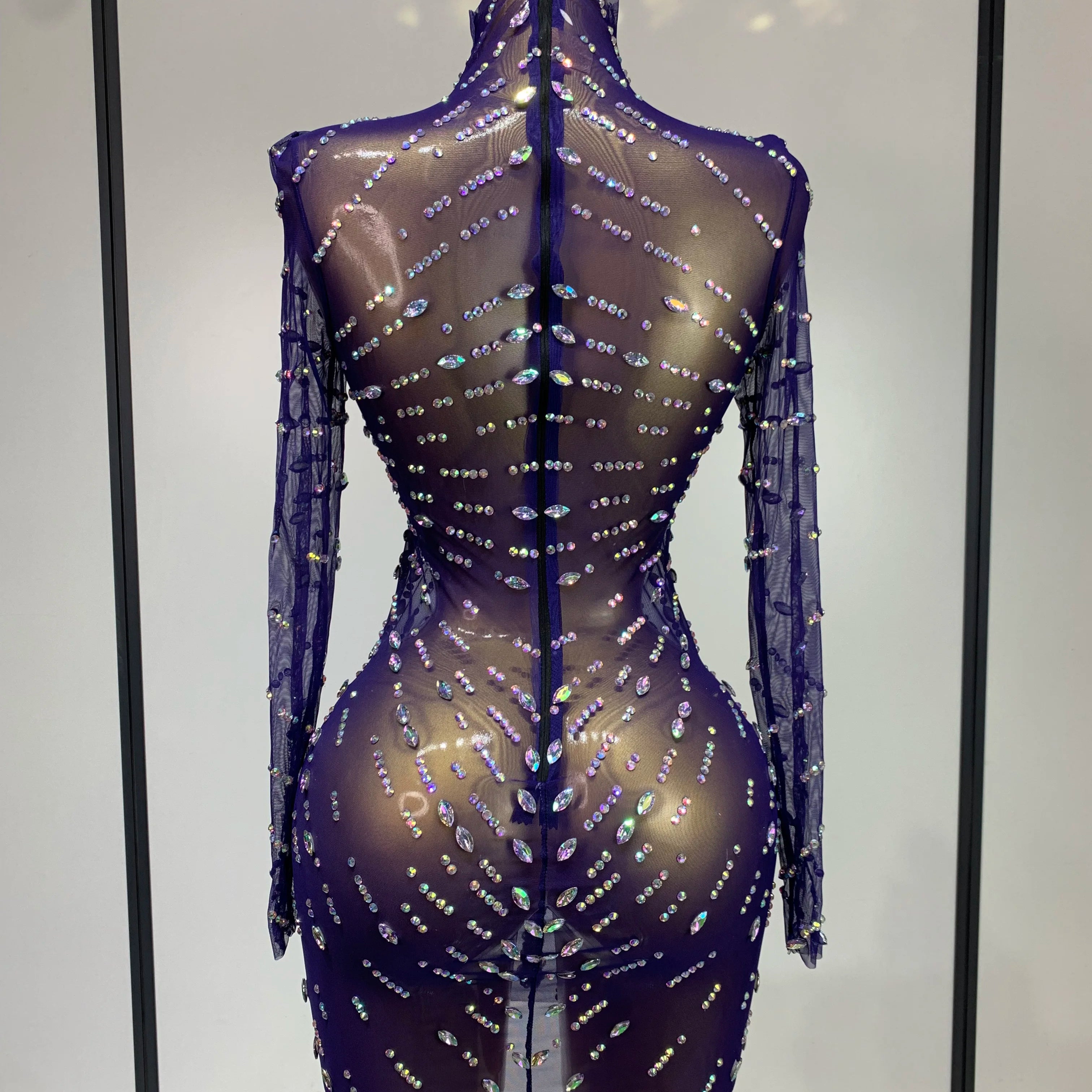 Sparkly Diamonds Mesh See Through Long Sleeves Mini Dress Women Eveing Birthday Party Sexy Nightclub Bar Singer Stage Costume