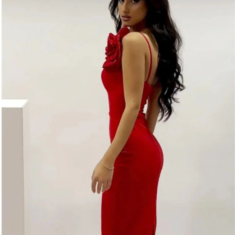 2024 New Summer Women Sexy Rhinestones Florals One Shoulder Sexy Bodycon Long Dress Birthday Fashion Cocktail Party Dress