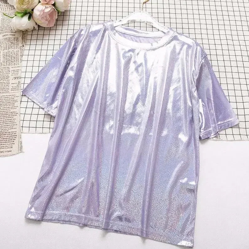 S-5XL Womens Sparkly Shiny Metallic Holographic Round Neck Short Sleeve Casual Loose Top Festival Party Tee Shirt Female Clothes light purple