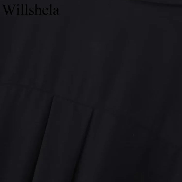 Women Fashion With Belt Black Single Breasted Midi Dress Vintage Lapel Neck Long Sleeves Female Chic Lady Dresses