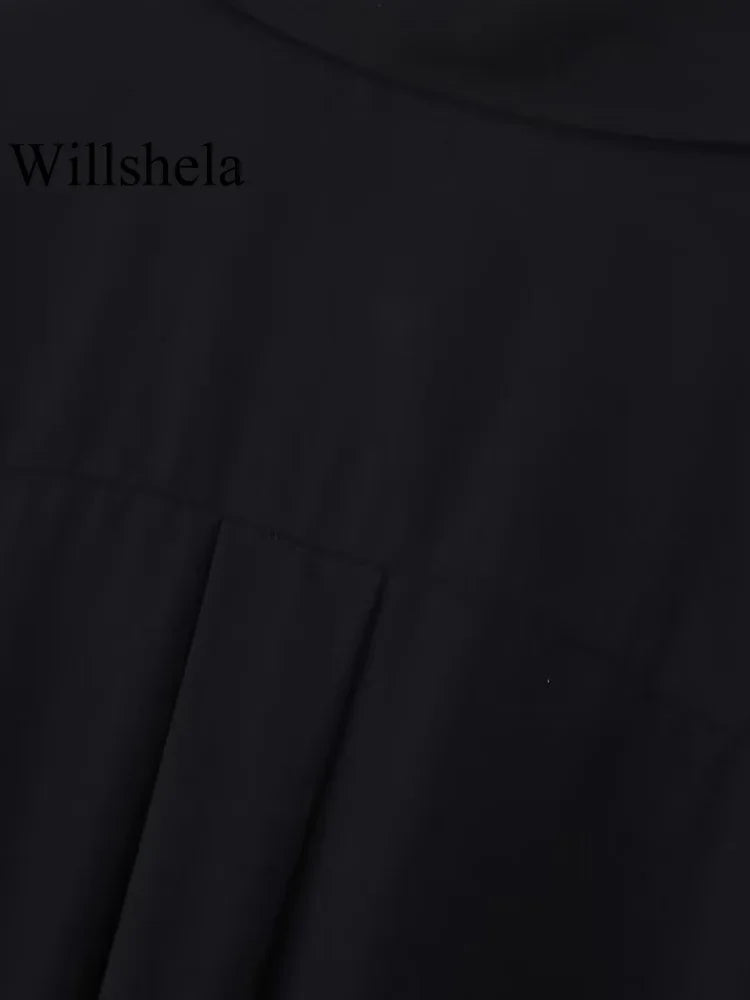 Women Fashion With Belt Black Single Breasted Midi Dress Vintage Lapel Neck Long Sleeves Female Chic Lady Dresses