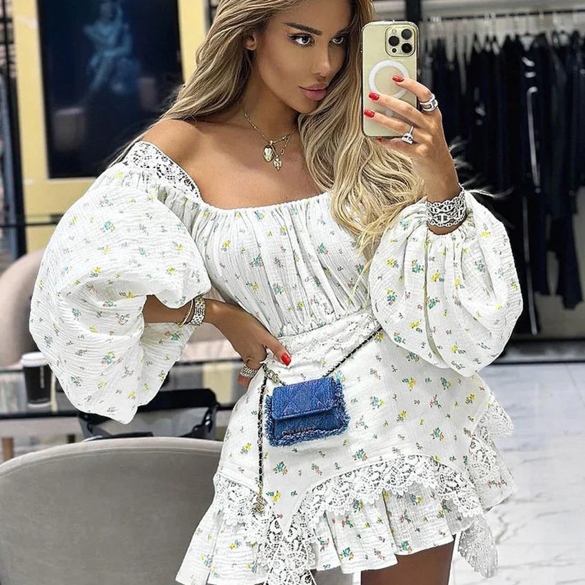 Clacive Sexy Loose Print Women'S Dress Fashion Square Neck Puff Sleeve Mini Dress Elegant Lace Spliced Pleated Female Dress WHITE