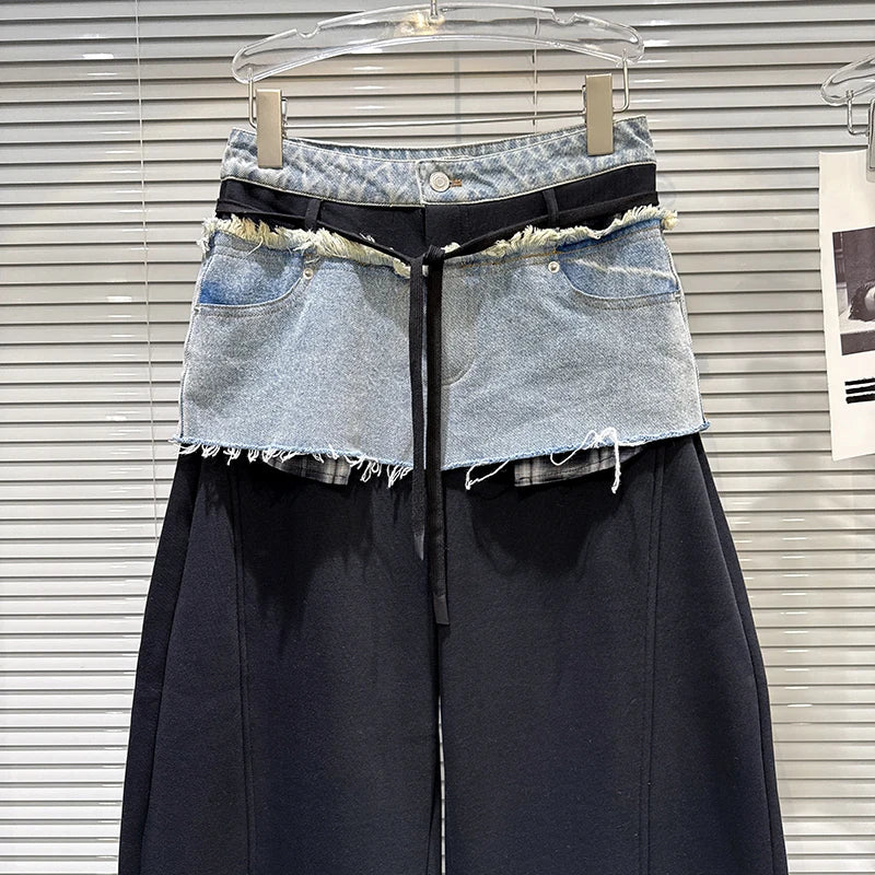 Winter New Fashion Frayed Denim Skirt Patchwork Design Fleece Lined Scimitar Pants For Women Casual Pant 11A07715