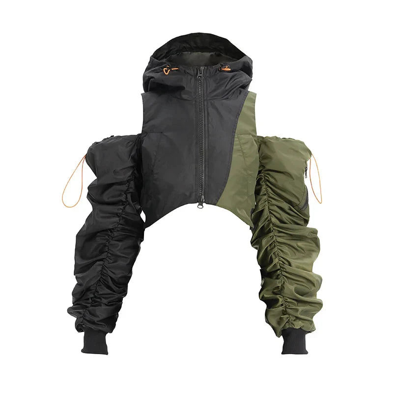 DEAT Fashion Women's Jackets Hooded Off The Shoulder Drawstring Contrast Stitching Midriff-baring Coat Autumn New 7AB303 black