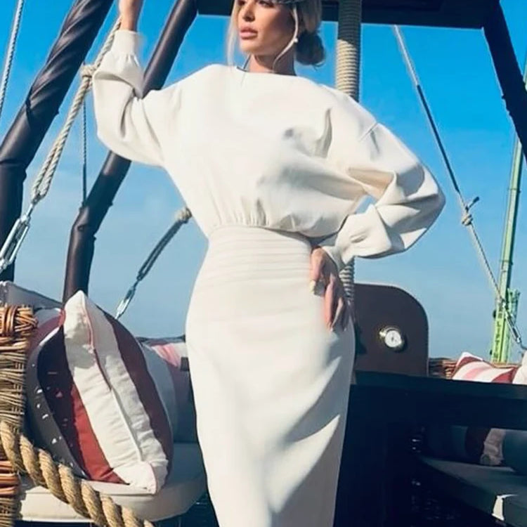 Elegant Soft Crewneck White Long Sleeveless Midi Dress for Office-Ready Chic Gown