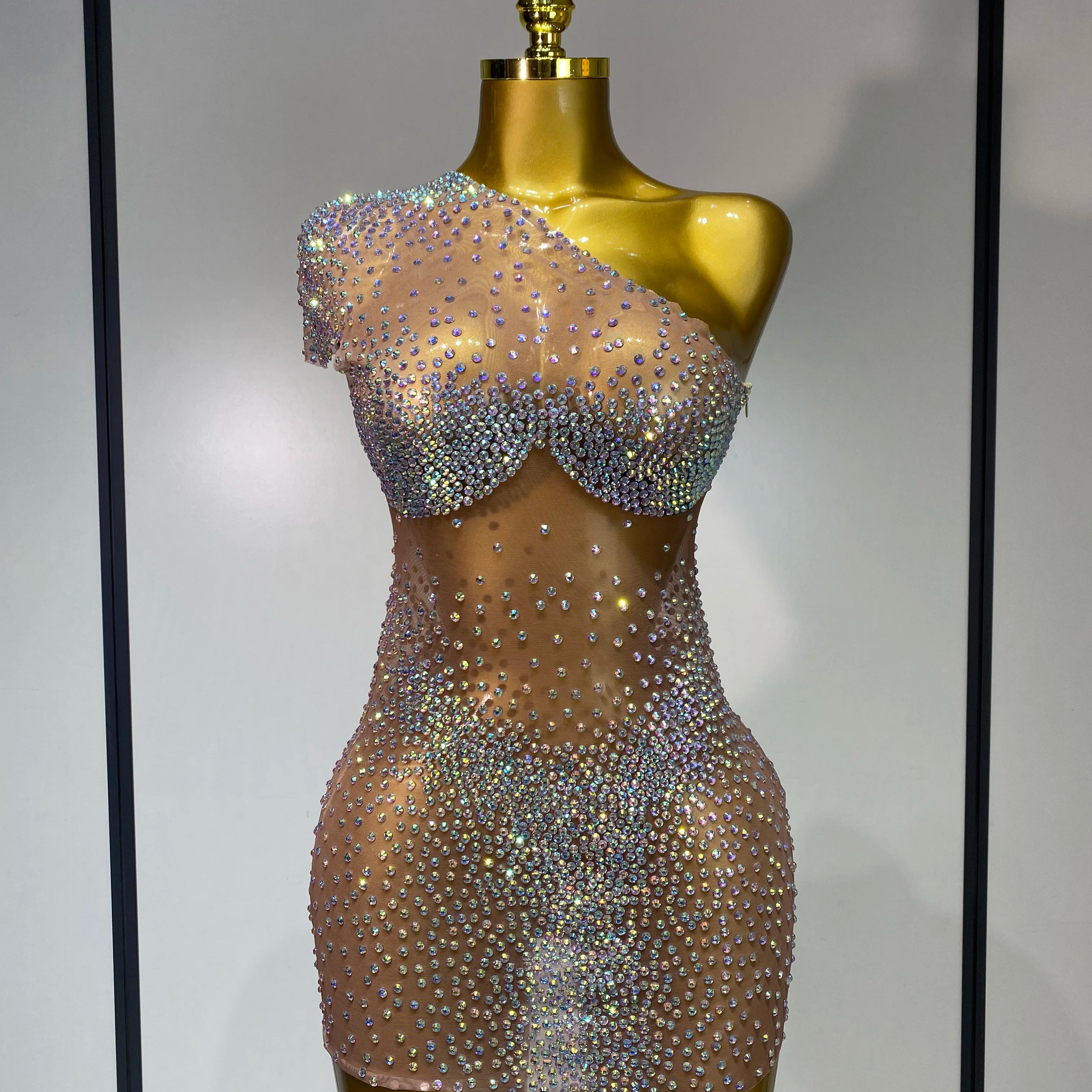 Sparkly Rhinestones Women Sexy One Shoulder Bodycon Mini Dress Mesh See Through Celebrate Nightclub Party Birthday Stage Outfit Khaki
