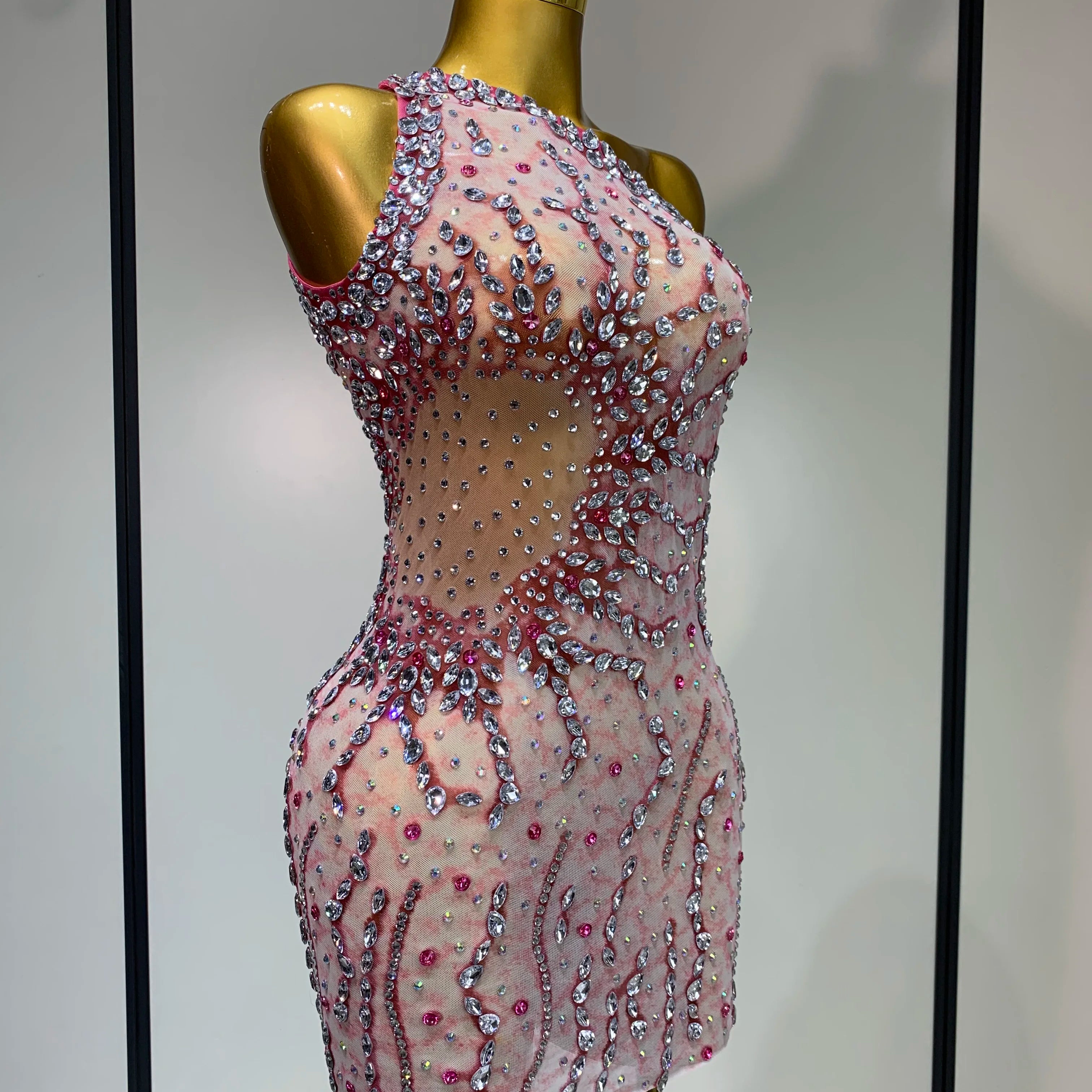 Women Sexy Mesh See Through Rhinestone Mini Dress Stage Dancer One Shoulder Stretch Night Club Party Birthday Dress Stage Outfit