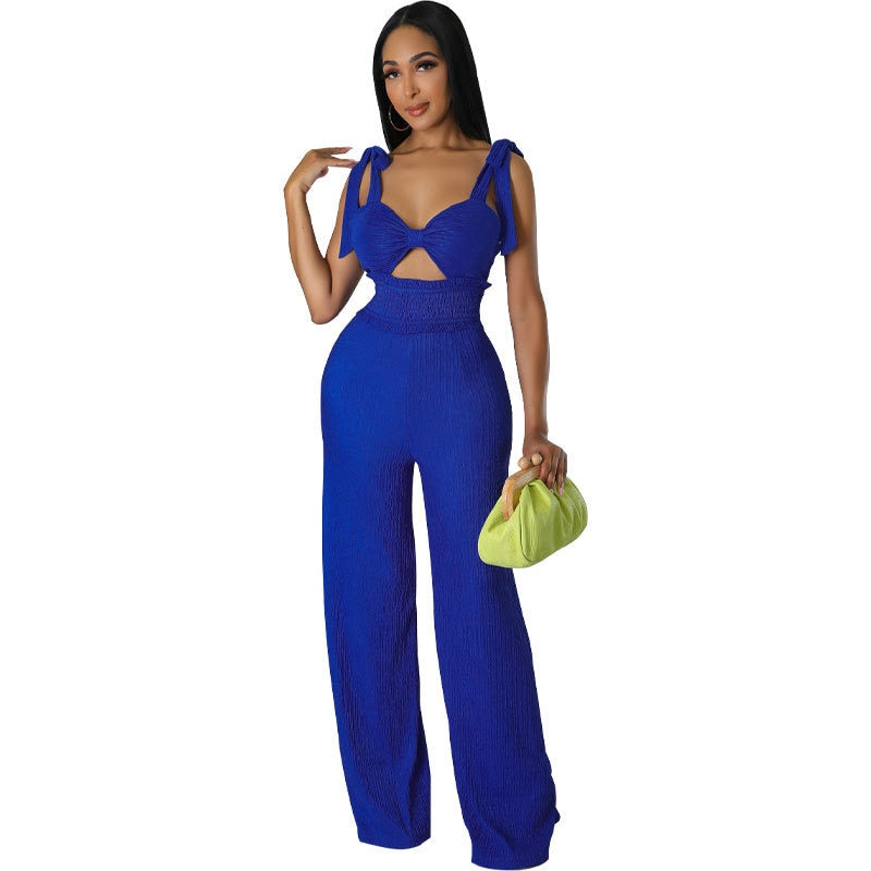 Zabrina 2024 Summer Casual One Piece Jumpsuits For Women Solid Sleeveless Lace Up Backless Pants Street Trendy Female Overalls Blue