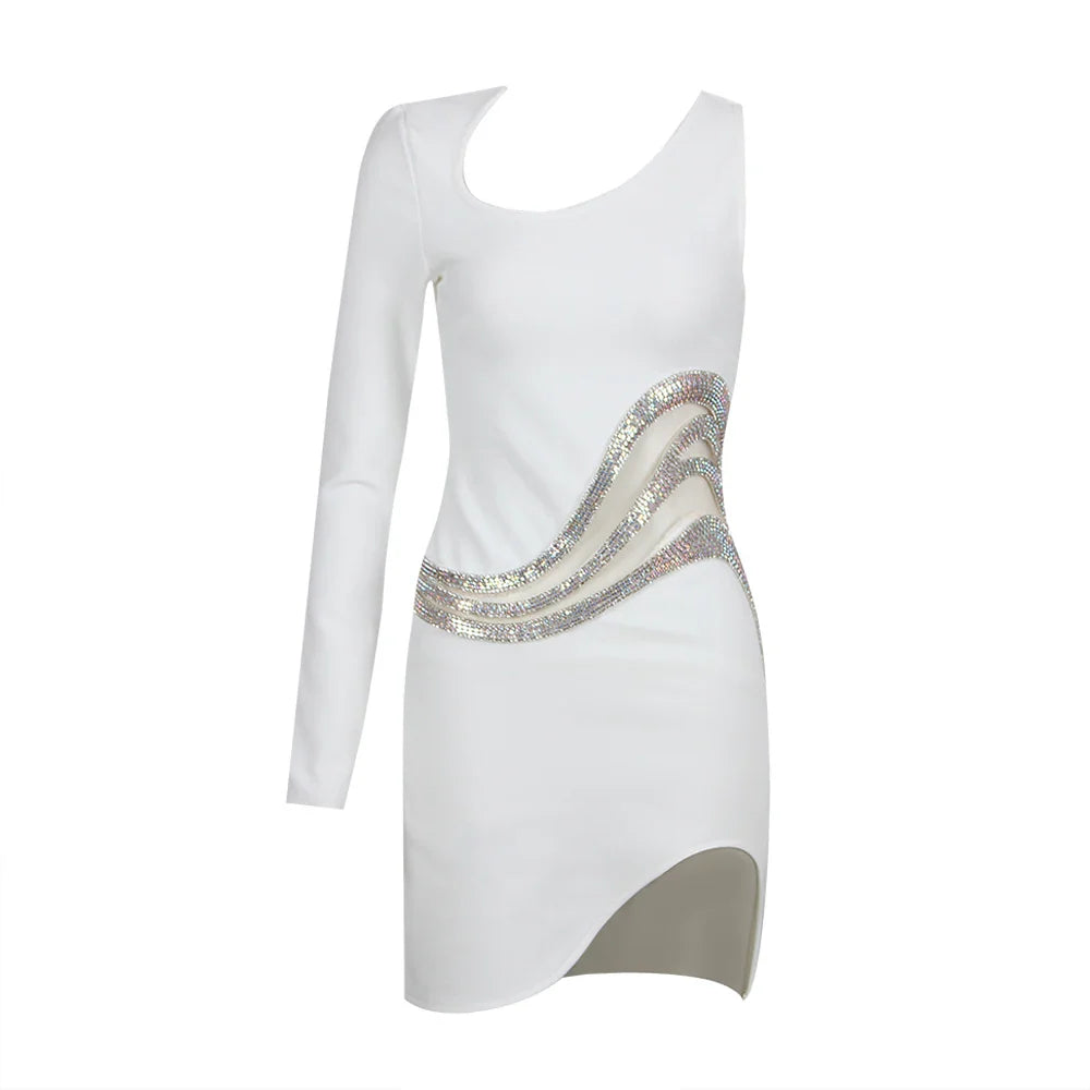 BEVENCCEL Women's New One Shoulder Long Sleeve Mesh Patch Diamond Bandage Dress Elegant Sexy Club Evening Party Mini Dress WHITE