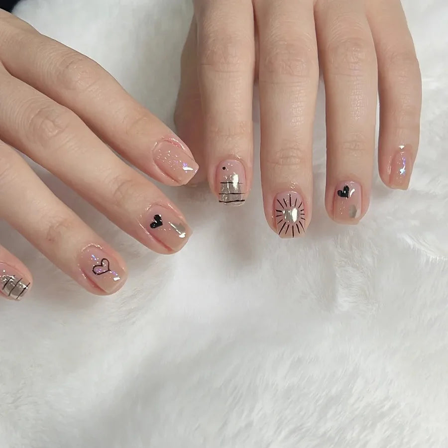 24pcs/set short Medium fake nails square ballet almond nail tips pink beautiful heart for Valentine's Day press on false nails 1719