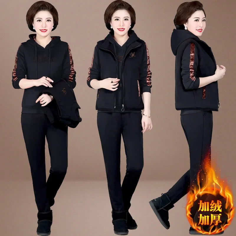 Women's Autumn Winter New Suit Plush Thickened Hooded Tops Waistcoat Pants 3 Three Piece Sets Fashion Plus Size Women Clothing black