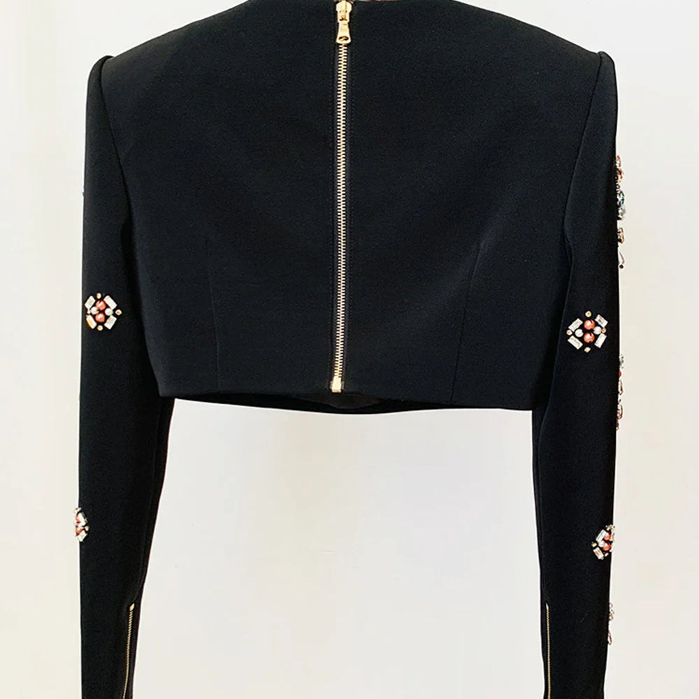 Ailigou 2023 New Autumn Women's Fashion Sexy Luxury Colorful Diamond Bead Short Top+Dress Black Two Piece Set