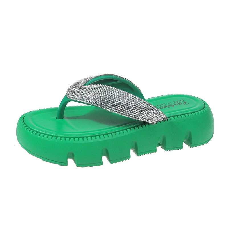 Thick Platform Shiny Crystal Flip Flops Women Summer 2024 Soft Bottom Beach Sandals Shoes Woman Fashion Clip Toe Clogs Slippers Green