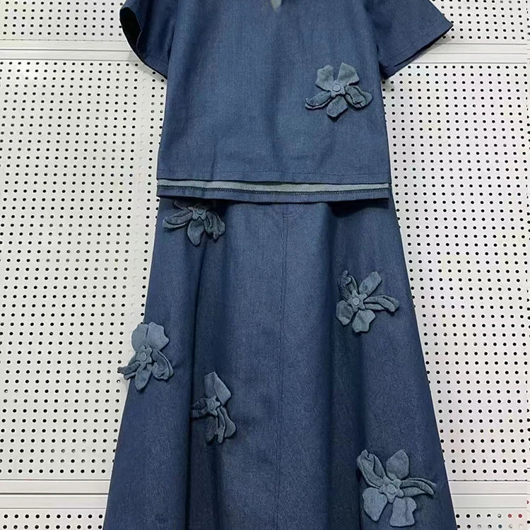 Spring 25 new denim women's suit three-dimensional flower lapel short-sleeved shirt+high waist A-shaped skirt two-piece suit