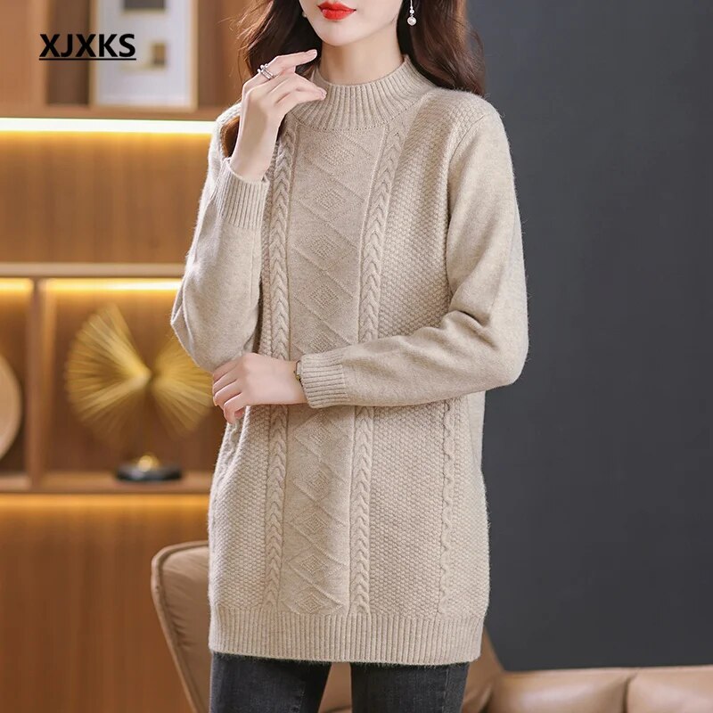 XJXKS Winter Warm Thickened Wool Knit Dress Mid-length Womens Clothing Jumper 2024 New Solid Colour All-match Pullover Khaki